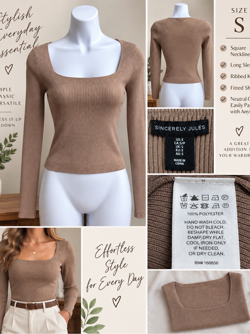 Sincerely Jules Taupe Ribbed Square Neck Sweater